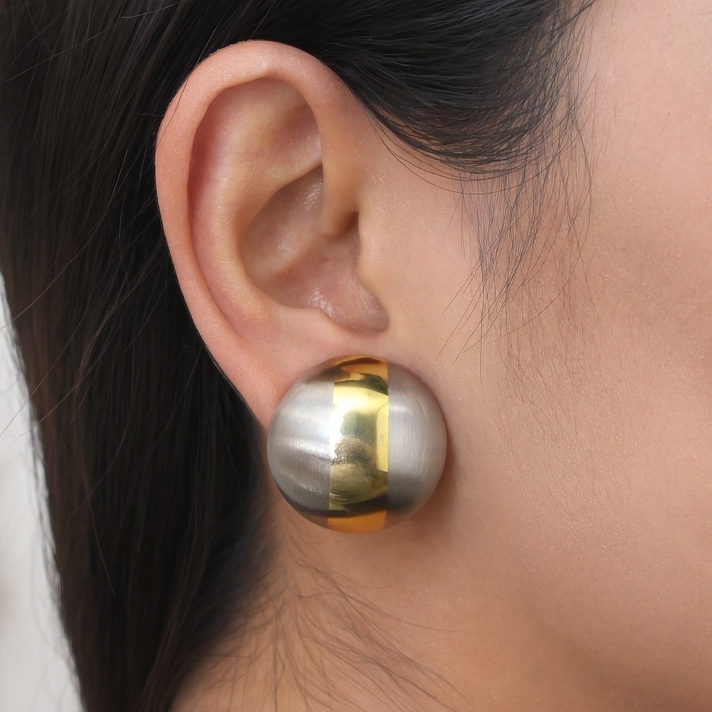 Gold, Silver Dual-Tone Stud Earrings Modern Stripe Design, 0.75” Fashion Jewelry